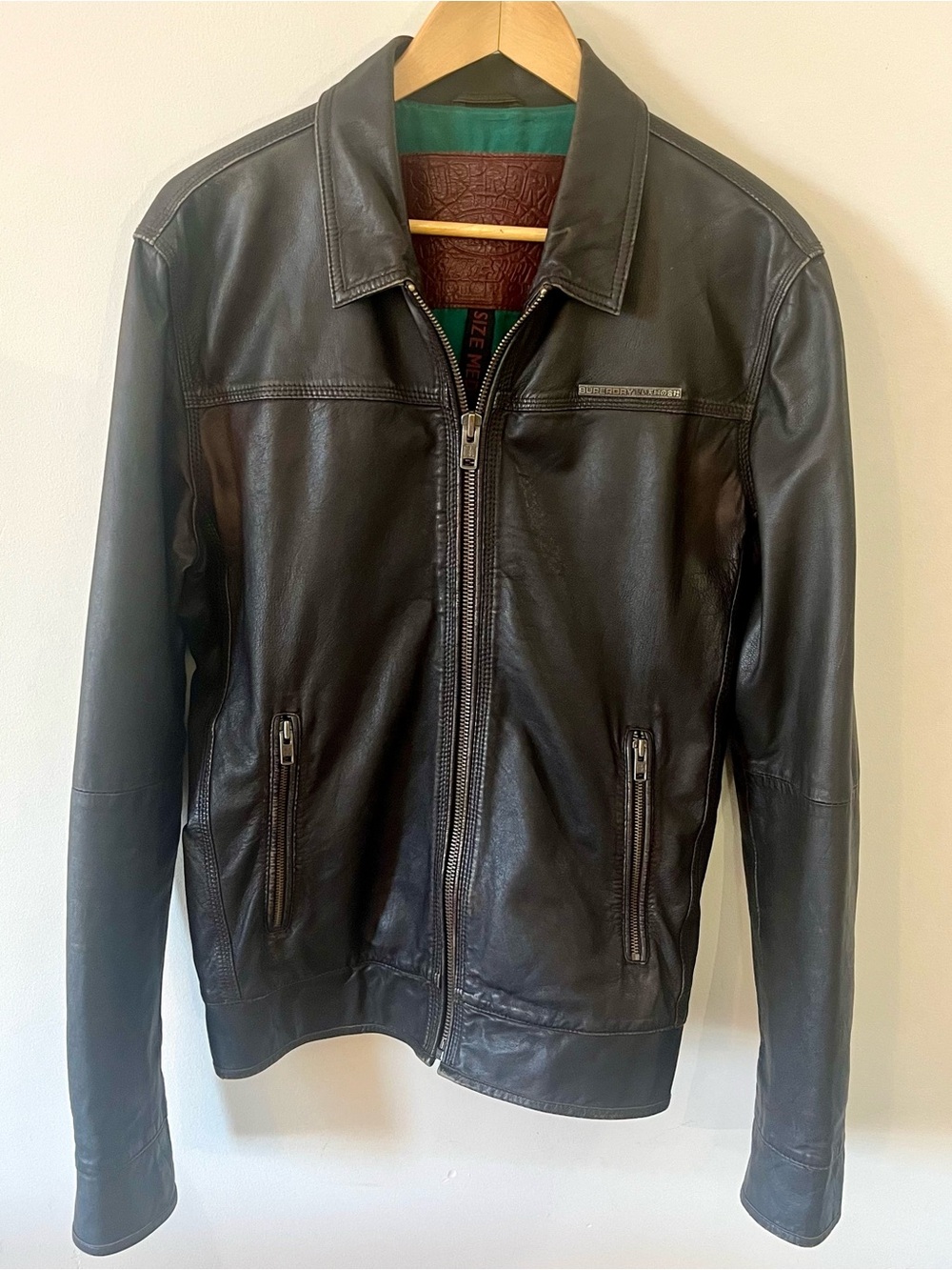 Superdry Genuine Leather Racer Jacket – Brown Distressed Moto Style – Medium